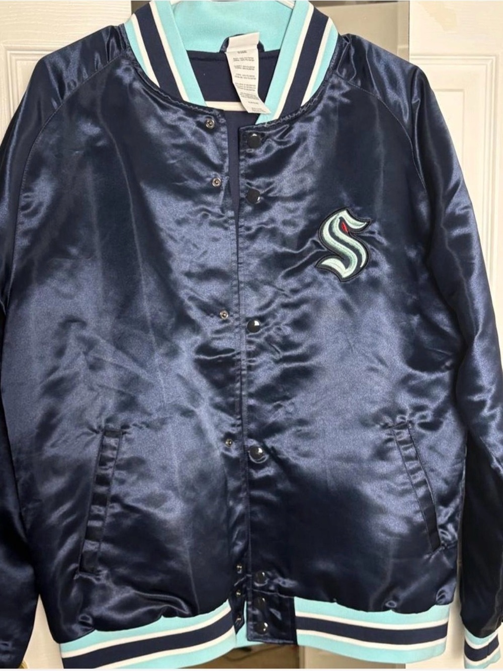 Youth XL NHL Seattle Kraken Navy Satin Varsity Jacket with Aqua Trim